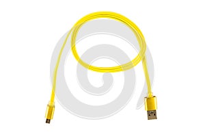 Yellow micro-usb cable twisted into a ring, on a white isolated background. Horizontal frame