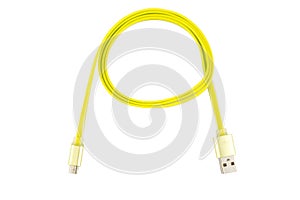 Yellow micro-usb cable twisted into a ring, on a white isolated background. Horizontal frame
