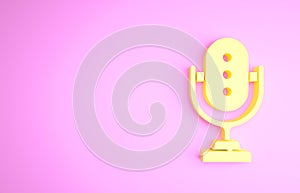 Yellow Microphone icon isolated on pink background. On air radio mic microphone. Speaker sign. Minimalism concept. 3d