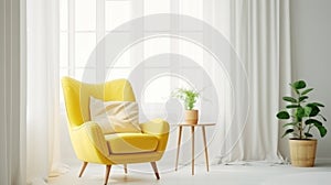 Yellow mid-century armchair against of window dressed with white curtain. Interior design of modern minimalist living room