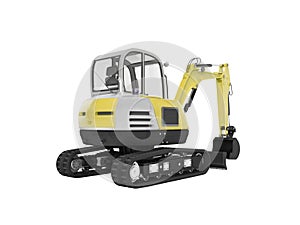 Yellow mini excavator with hydraulic mechpatoy on crawler with ladle 3d render on white background no shadow