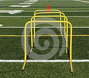 Yellow mini hurdles and orange cones on green turf field