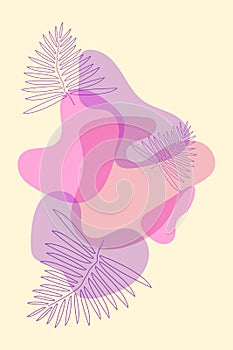 Yellow minimalist botanical poster with pink, purple and lilac shapeless spots with overlay