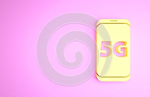 Yellow Mobile with 5G new wireless internet wifi icon isolated on pink background. Global network high speed connection