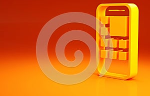 Yellow Mobile Apps icon isolated on orange background. Smartphone with screen icons, applications. mobile phone showing