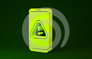 Yellow Mobile phone with exclamation mark icon isolated on green background. Alert message smartphone notification