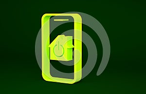 Yellow Mobile phone with smart home icon isolated on green background. Remote control. Minimalism concept. 3d