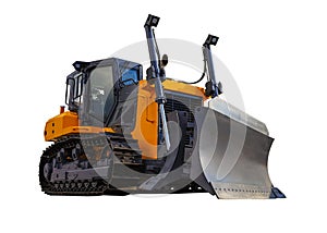 Yellow modern Bulldozer on caterpillars excavator, isolated on white background