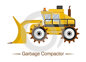 Yellow modern garbage compactor. Special equipment for landfills