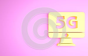 Yellow Monitor with 5G new wireless internet wifi icon isolated on pink background. Global network high speed connection