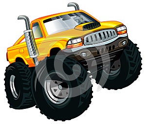 Yellow monster truck with two big exhaust pipe