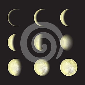 Yellow moon phases on a black background. Vector Illustration, EPS 10.