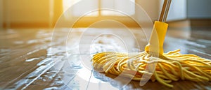 A yellow mop head lies on a glossy wooden floor, reflecting the serene atmosphere of a clean and orderly home.