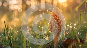 Yellow morel mushroom in a dewy grass field at sunrise. Concept of fungi, forest flora, nature, morning light. Copy photo