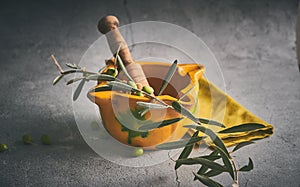 Yellow mortar to make a sauce called allioli, typical of Catalonia. Spain