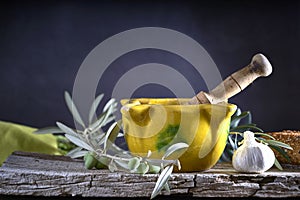 Yellow mortar to make a sauce called allioli, typical of Catalonia. Spain