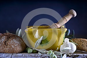 Yellow mortar to make a sauce called allioli, typical of Catalonia. Spain