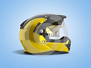 Yellow motocross helmet 3d render on blue background