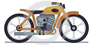 Yellow motorbike. Motorcycle road racing, classic vehicle, speed extreme driving, modern or vintage urban moped, travel