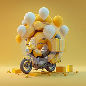 A yellow motorcycle carrying balloons and boxes on its back