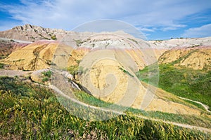 Yellow Mounds Overlook in Badland national park during summer. From grassland to valley. Badland landscape South Dakota