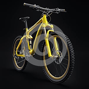 yellow mountain bike on an isolated black background. 3d rendering.