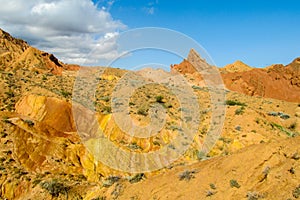 Yellow mountain valley canyon Skazka in Kirgyzstan photo