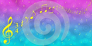 Yellow Music Notes in Blue and Pink Gradient Banner Background