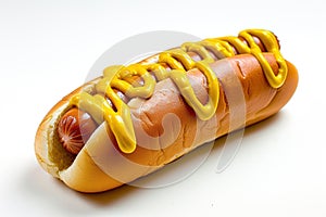 Yellow mustard hotdog isolated on white background. Generative AI