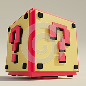 Yellow mystery box with red question marks. 3D rendering illustration.