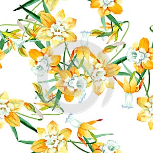 Yellow narcissus floral botanical flower. Watercolor background illustration set. Seamless background pattern