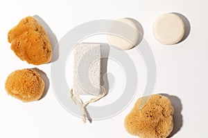 Yellow Natural bath or cleaning three sea sponges, dray shampoo, exfoliating body strap and pumice stone with strap