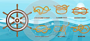 Yellow nautical rope knot, interweaving of ropes, cables, tapes or other flexible linear materials