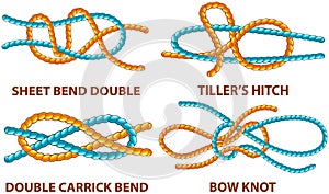 Yellow nautical rope knot, interweaving of ropes, cables, tapes or other flexible linear materials