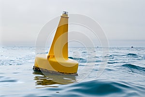Yellow navigational sea buoy in the waves in the marina near Dubai