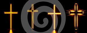 Yellow neon glowing cross set. Symbol of the crucifixion of Jesus Christ