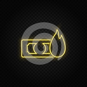 Yellow neon icon dollar, money, fire.Transparent background. Yellow neon vector icon