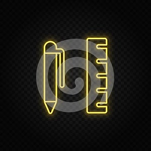 Yellow neon icon geometry, measuring ruler. Transparent background. Yellow neon vector icon