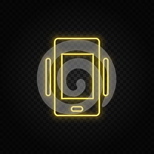 Yellow neon icon phone, vibrate. Transparent background. Yellow neon vector icon photo
