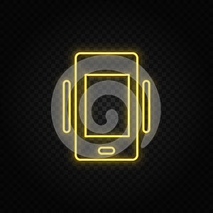 Yellow neon icon phone, vibrate. Transparent background. Yellow neon vector icon