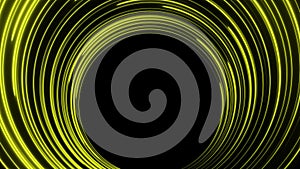 Yellow neon lines move in a circle on a dark background with free space in the center. Animated looping background. Use