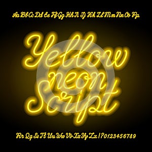 Yellow neon script alphabet font. Handwriting neon uppercase and lowercase letters and numbers.