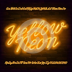 Yellow Neon script alphabet font. Neon color lowercase and uppercase bright letters and numbers.