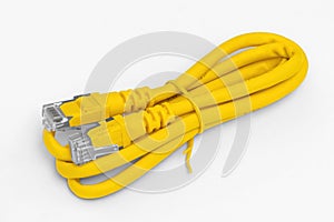 yellow network cable, isolated on white background. Closeup LAN cables with connector.