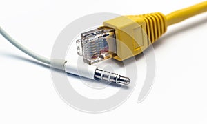 Yellow, network connector, isolated on a white background, and 3.5 audio