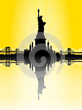 Yellow New York City skyline with Statue of liberty Vector