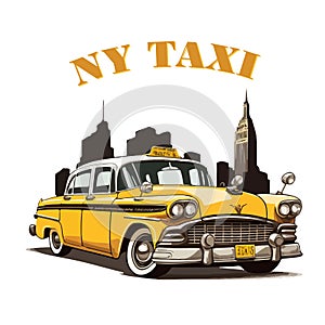 Yellow New York retro taxi on the background of skyscrapers with text. For your sticker design