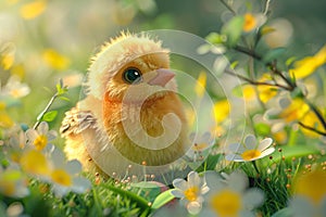 Yellow newborn chick on spring field or garden. Cute chicken on summer meadow with flowers