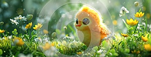 Yellow newborn chick on spring field or garden. Cute chicken on summer meadow with flowers