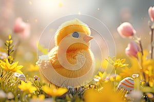 Yellow newborn chick on spring field or garden. Cute chicken on summer meadow with flowers